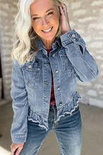 Load image into Gallery viewer, Beau Blue Ruffle Raw Hem Flap Pockets Denim Jacket