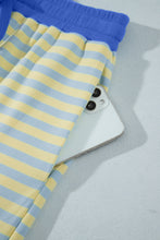 Cargar imagen en el visor de la galería, Pink Stripe Colorblock Trim Crew Neck Loose Tee Drawstring Elastic Waist 2pcs Pant Set