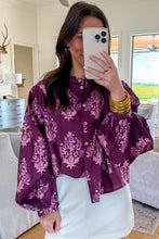 Load image into Gallery viewer, Purple Floral Print Button Front Long Puff Sleeve Shirt