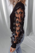 Load image into Gallery viewer, Black Flower Applique Mesh Long Sleeve V Neck Blouse