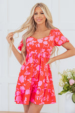 Load image into Gallery viewer, Red Floral Bubble Sleeve Sweetheart Neck Ruffled Mini Dress