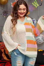 Load image into Gallery viewer, Beige Pointelle Knit Colorblock Patchwork V Neck Hooded Plus Sweater