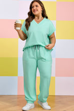 Cargar imagen en el visor de la galería, Mint Green Solid V-Neck Tee and Drawstring Plus Size Pants Set