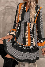 Load image into Gallery viewer, Black Striped Polka Dot Print Ruffled Hem V Neck Mini Dress