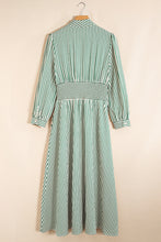 Load image into Gallery viewer, Green Stripe V Neck Zip Front Cinched High Waist Midi Dress