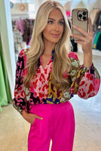 Load image into Gallery viewer, Pink Leopard Patchwork Print Pleated Blouse