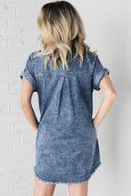 Load image into Gallery viewer, Blue Mineral Wash Cuffed Sleeve Frayed Hem Denim Dress
