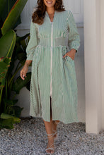 Load image into Gallery viewer, Green Stripe V Neck Zip Front Cinched High Waist Midi Dress