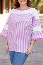 Load image into Gallery viewer, Pink Stripe Patchwork Bracelet Sleeve Plus Size T Shirt