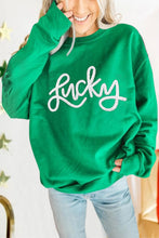Load image into Gallery viewer, Green LUCKY Aphabet Chenille Embroidered Pullover Sweatshirt