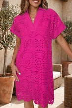 Load image into Gallery viewer, Rose Red Solid Color Eyelet Embroidered T Shirt Mini Dress