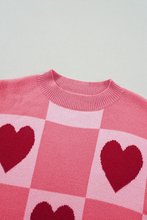 Load image into Gallery viewer, Pink Plus Size Love Heart Block Mock Neck Lantern Sleeve Valentine Sweater