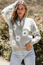 Load image into Gallery viewer, Gray Floral Pattern Half Zip Drop Shoulder Sweater