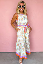 Load image into Gallery viewer, White Floral Print Color Block Trim Belted Sleeveless Maxi Dress
