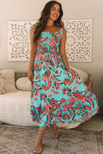 Load image into Gallery viewer, Green Abstract Print Smocked Bodice Knotted Straps Ruffled Maxi Dress