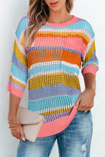 Load image into Gallery viewer, Pink Stripe Colorblock Hollowed Crochet 3/4 Sleeve Sweater