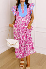 Load image into Gallery viewer, Pink Floral Print Color Block Patchwork V Neck Short Sleeve Midi Dress