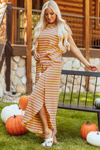Load image into Gallery viewer, Yellow Stripe Rainbow Tee Tasseled String Wide Leg Pants Set