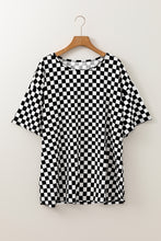 Load image into Gallery viewer, Black Checkered Print Side Slits O Neck Plus Size T Shirt