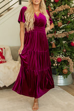 Load image into Gallery viewer, Red Dahlia Velvet Short Sleeve Shirred Waist Tiered Maxi Dress