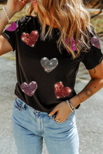 Load image into Gallery viewer, Black Sequin Heart Patched Pattern Crewneck Valentines Tee