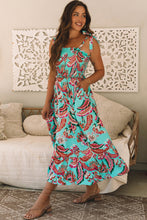 Load image into Gallery viewer, Green Abstract Print Smocked Bodice Knotted Straps Ruffled Maxi Dress