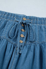 Cargar imagen en el visor de la galería, Sky Blue Half Buttons Pleated High Waist Denim Mini Skirt with Drawstring