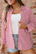Cargar imagen en el visor de la galería, Red Stripe Patched Pocket Side Slit Loose Shirt