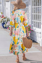 Load image into Gallery viewer, Multicolour Floral Doodle Print Striped Trim V Neck Midi Dress