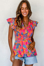 Cargar imagen en el visor de la galería, Rose Red Floral Print Smocked Ruffle Trim Flutter Sleeve Blouse