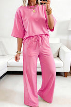 Cargar imagen en el visor de la galería, Sachet Pink Lace Patchwork Half Sleeve Top Elastic Waist Pants Two Piece Set