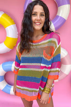Load image into Gallery viewer, Orange Stripe Colorblock Hollowed Crochet 3/4 Sleeve Sweater