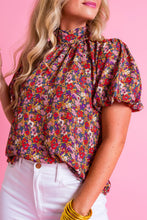 Cargar imagen en el visor de la galería, Purple Floral Print Knotted High Neck Puff Sleeve Blouse