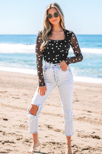 Load image into Gallery viewer, Black Heart Shape Mesh Patchwork Square Neck Bodysuit