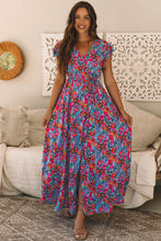 Load image into Gallery viewer, Blue Floral Print V Neck Wrap Split Maxi Dress