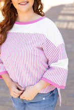 Load image into Gallery viewer, Pink Stripe Patchwork Bracelet Sleeve Plus Size T Shirt