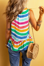 Cargar imagen en el visor de la galería, Rose Red Rainbow Stripes Ruffled Hem Drawstring V Neck Tank Top