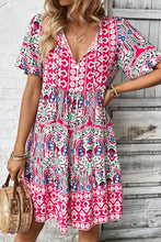 Cargar imagen en el visor de la galería, Pink Bohemian Print Tie Neck Ruffle Hem Short Dress