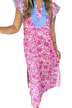 Load image into Gallery viewer, Pink Floral Print Color Block Patchwork V Neck Short Sleeve Midi Dress