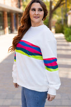 Cargar imagen en el visor de la galería, White Plus Size Colorful Striped Drop Shoulder Loose Sweatshirt
