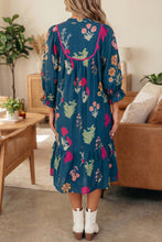 Cargar imagen en el visor de la galería, Blue Floral Print Gathered Neckline 7/8 Sleeve Casual Midi Dress