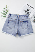 Load image into Gallery viewer, Beau Blue Pearl Studded Pockets Raw Hem Denim Shorts