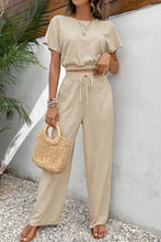 Load image into Gallery viewer, Beige Crinkled Elastic Hem Crop Tee and Wide Leg Pants Set