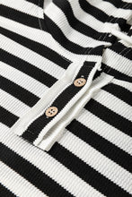 Load image into Gallery viewer, Black white Oversized Striped Henley Buttons Dolman Sleeve Hooded Top