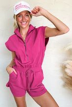 Load image into Gallery viewer, Rose Red Textured Short Sleeve Half Zip Drawstring Waist Romper