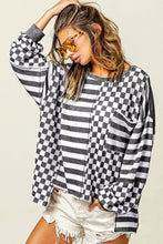 Load image into Gallery viewer, Dark Grey Checkerboard Striped Patchwork Lantern Sleeve Pocketed Blouse