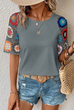 Load image into Gallery viewer, Grey Floral Crochet Short Sleeve Top