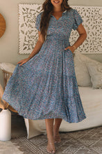 Load image into Gallery viewer, Blue Printed V Neck Shirred Short Puff Sleeve Maxi Dress