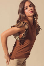 Load image into Gallery viewer, Cinnamon Leather Ruffle Sleeve Patchwork Round Neck Blouse