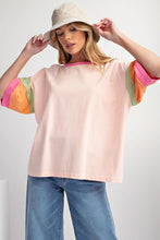 Load image into Gallery viewer, Pink Color Block Stitching Sleeve Round Neck Oversize Top